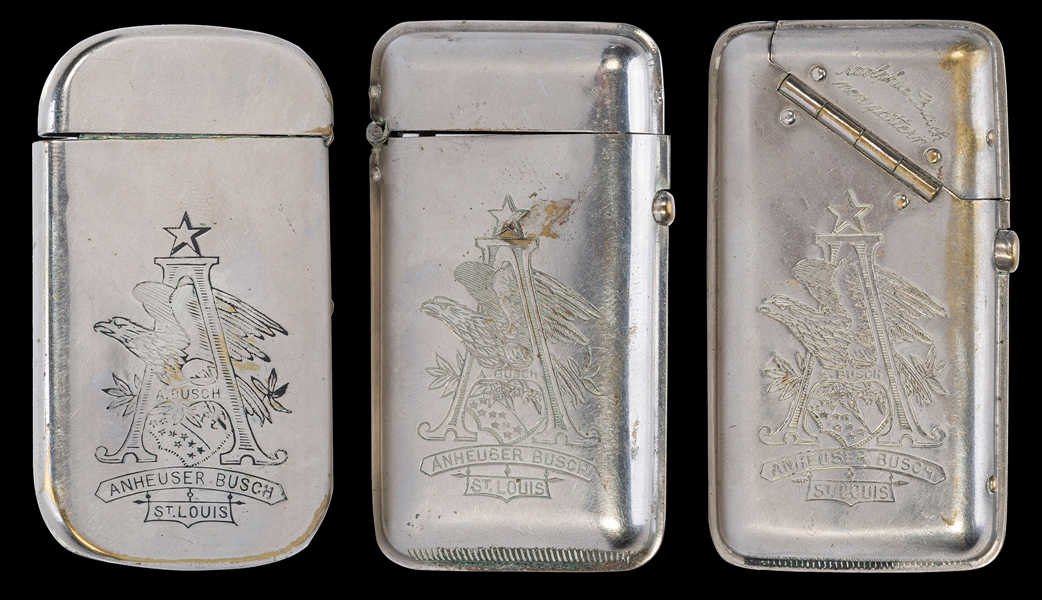  Three Anheuser Busch Match Safes. Circa 1900s. Three nickel...