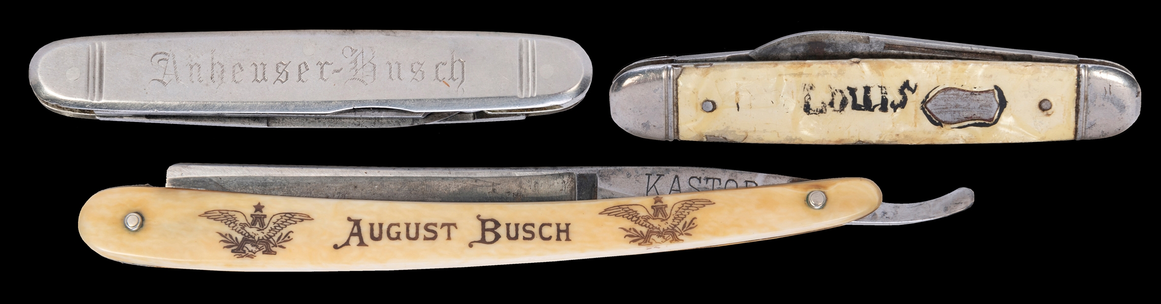  [ANHEUSER BUSCH]. Three knives and razors. Includes: August...