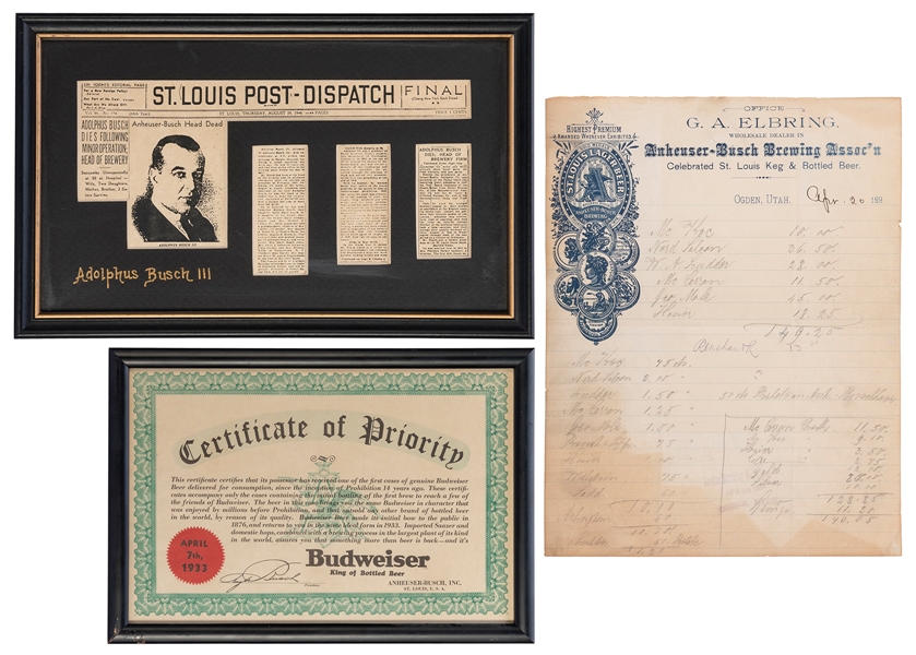  [ANHEUSER-BUSCH]. Group of ephemera. Including: Invoice sum...