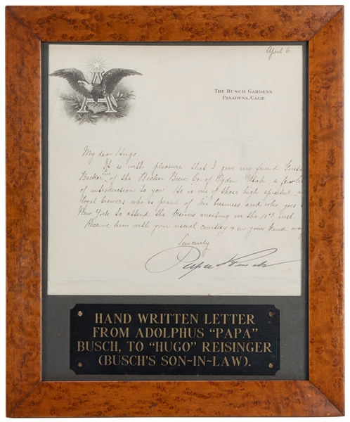  BUSCH, Adolphus (German-American, 1839-1913). Letter Signed...