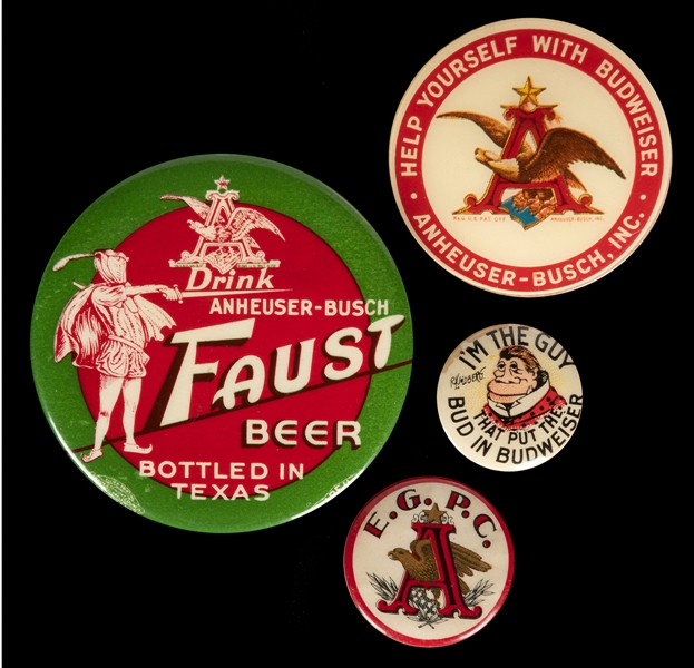  Group of Four Anheuser Busch Buttons. Includes: Faust Beer ...