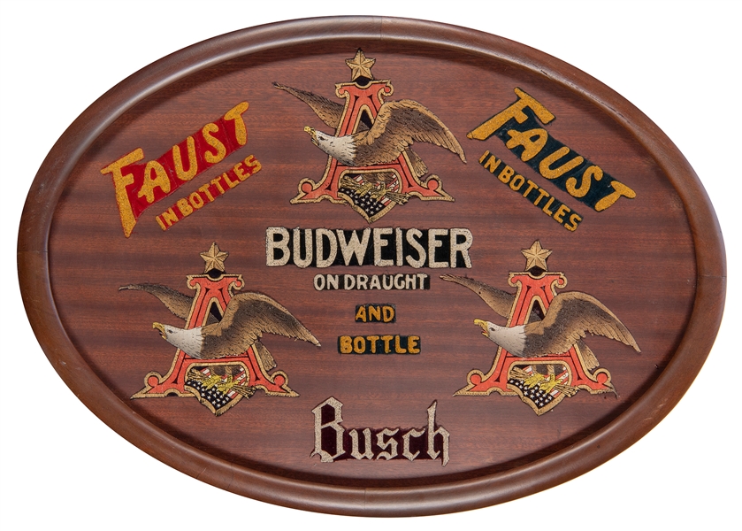  Budweiser Vintage Felt Patch Display. Brown oval wooden fra...