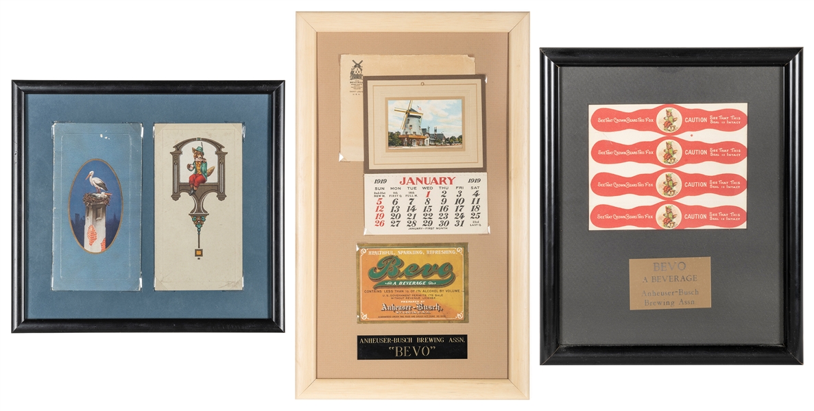  Bevo Beverage Ephemera Lot. Three framed pieces related to ...