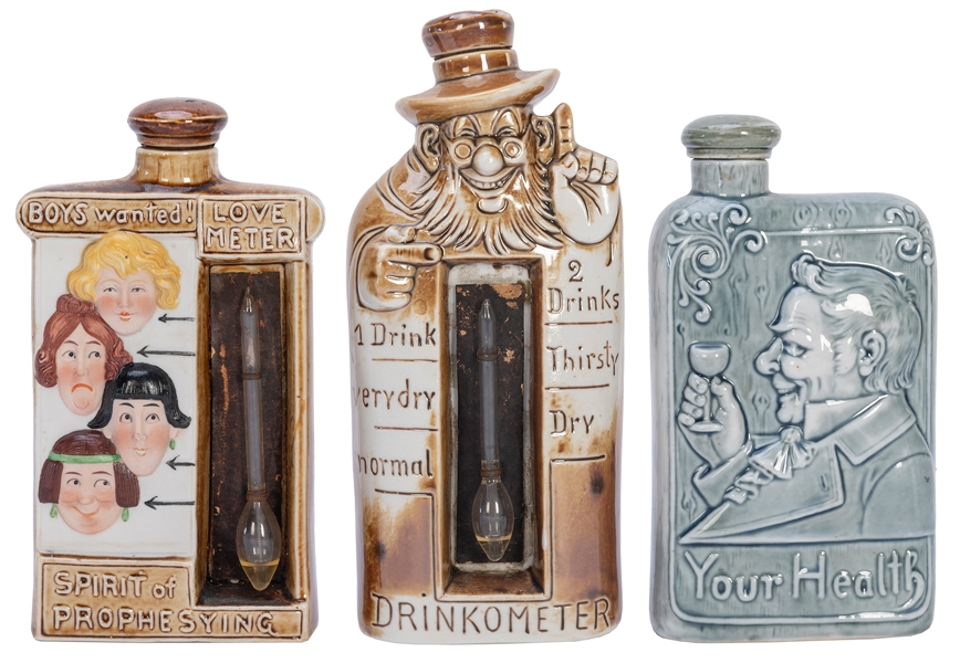  Group of 3 “Drinkometer” painted ceramic flasks. [Germany a...