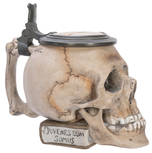  Porcelain skull / memento mori beer stein. Likely German, 2...