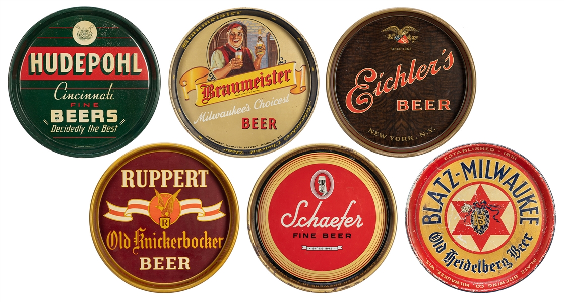  Six Beer Advertising Trays. 1940s-1950s. Including Hudepohl...