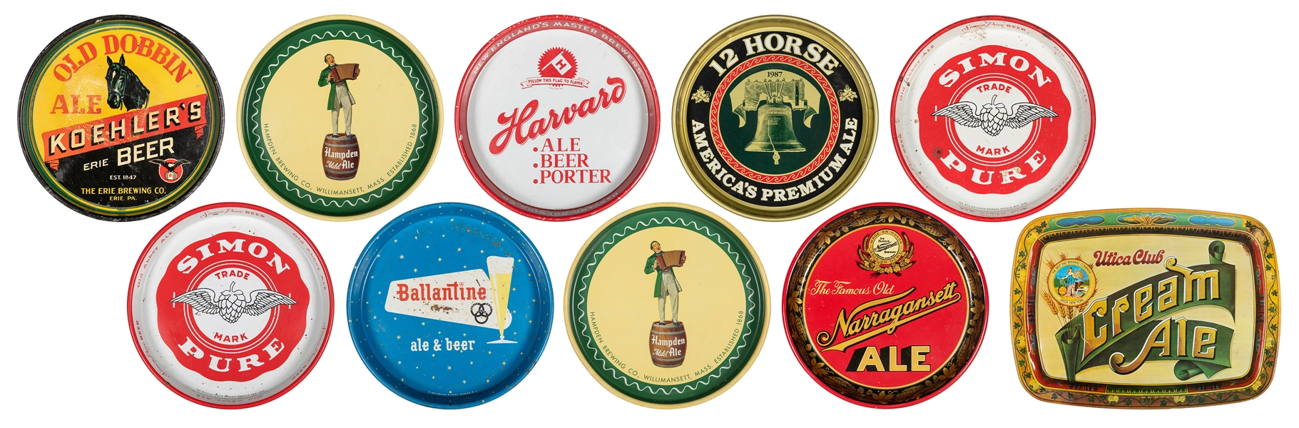  Ten Vintage Beer and Ale Advertising Trays. Includes Narrag...