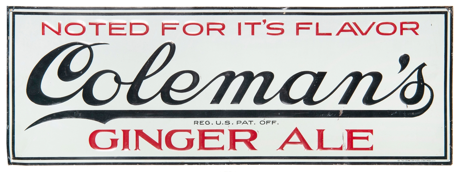  Coleman’s Ginger Ale embossed metal advertising sign. [Circ...