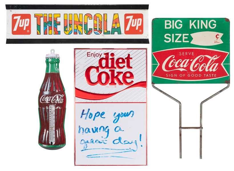  Group of 4 soft drinks signs. [V.p., 1950s-1970s]. Includin...