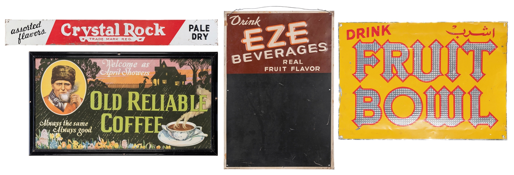  Group of 4 signs for fruit and hot beverages. [V.p., 1930s-...