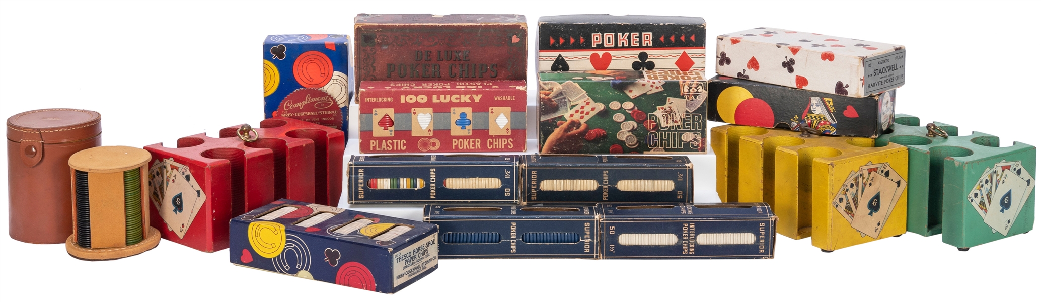  [POKER]. Group of poker caddies and chips in boxes. Lot inc...