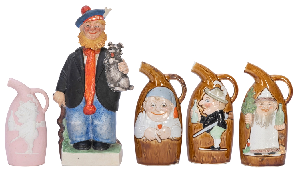  Group of 4 painted ceramic small decanters, and a larger de...