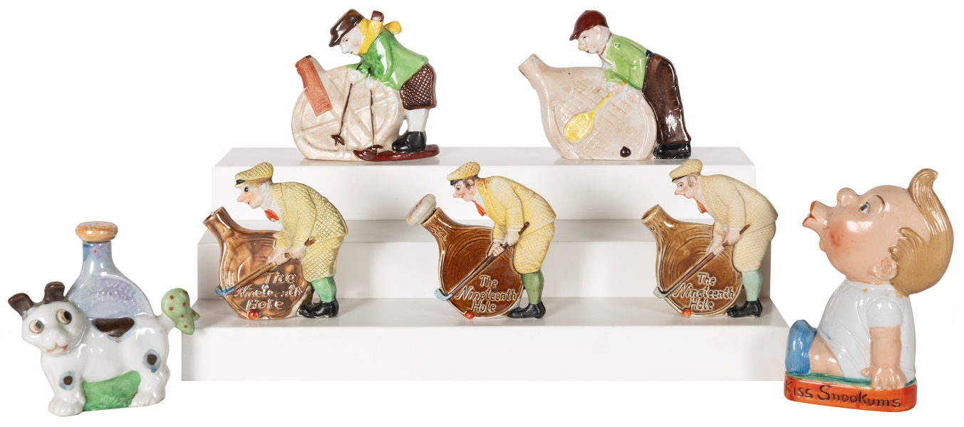  Group of 7 small painted ceramic decanters. [Occupied Japan...