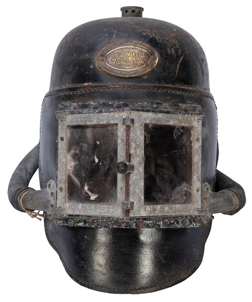  Antique leather smoke helmet and hood. London: Siebe Gorman...