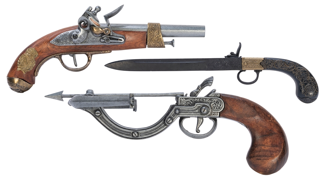  Group of 2 non-firing replicas of flintlock pistols and 1 p...