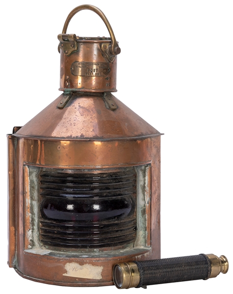  Port lantern and telescope. Including: Ship’s port lantern....