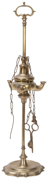  Brass whale oil lamp. [Ca. 1820s-1900s]. Three-wicked oil l...