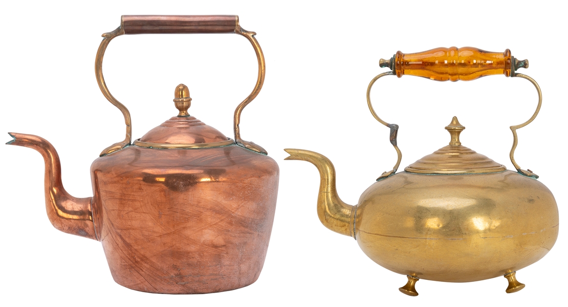  Group of 2 copper and brass kettles. Including: brass tea k...