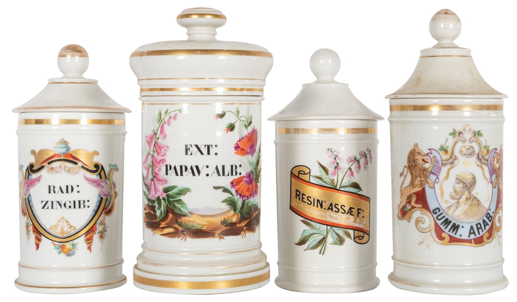  Group of 4 porcelain apothecary jars. [Circa 1890s-1900s]. ...