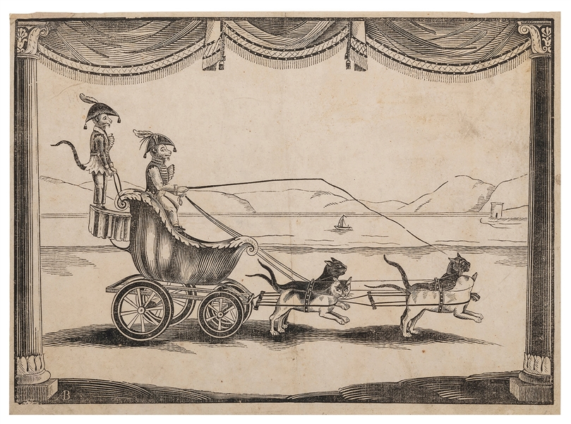  [MONKEY & CAT THEATER] Woodcut of a Money Coach Drawn by Ca...