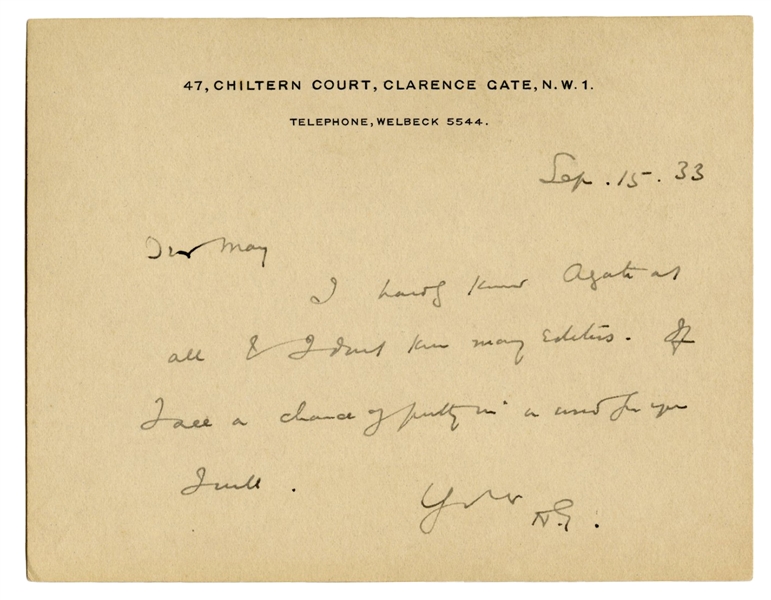  WELLS, H.G. (1866–1946). Autograph note signed (“H.G.”) to ...