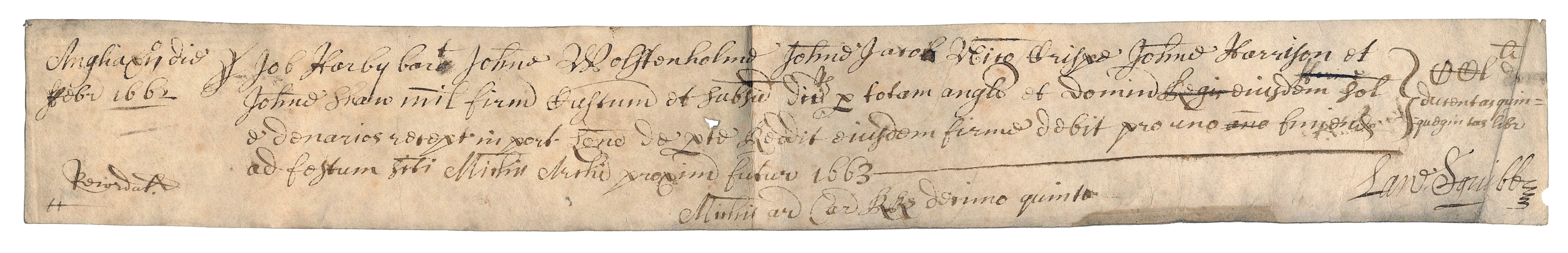  [CHARLES I]. A manuscript receipt signed (“Law. Squibb”) fo...