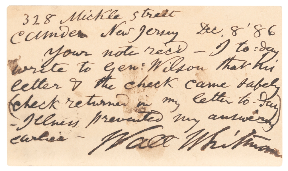  WHITMAN, Walt (1819–1892). Autograph note on postcard signe...