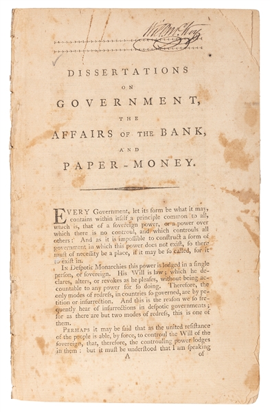  [PAINE, Thomas (1737–1809)]. Dissertations on Government, t...