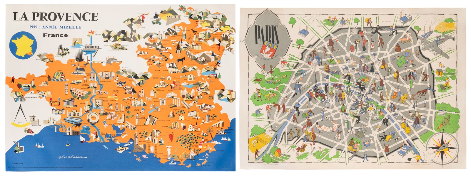  [FRENCH TRAVEL]. Two pictorial maps. Including: LANDELLE, W...