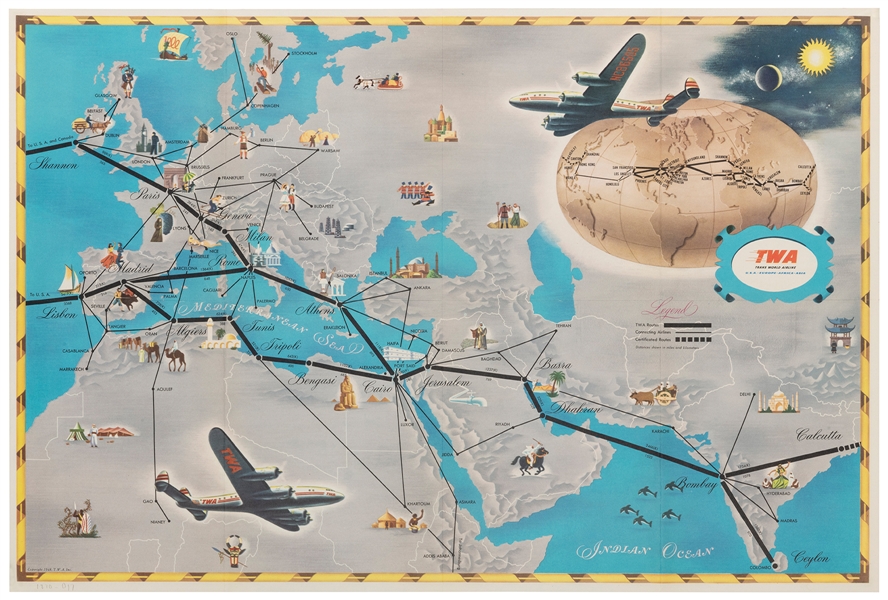  TWA Air Routes U.S.A. Europe Africa Asia. 1948. T.W.A., Inc...