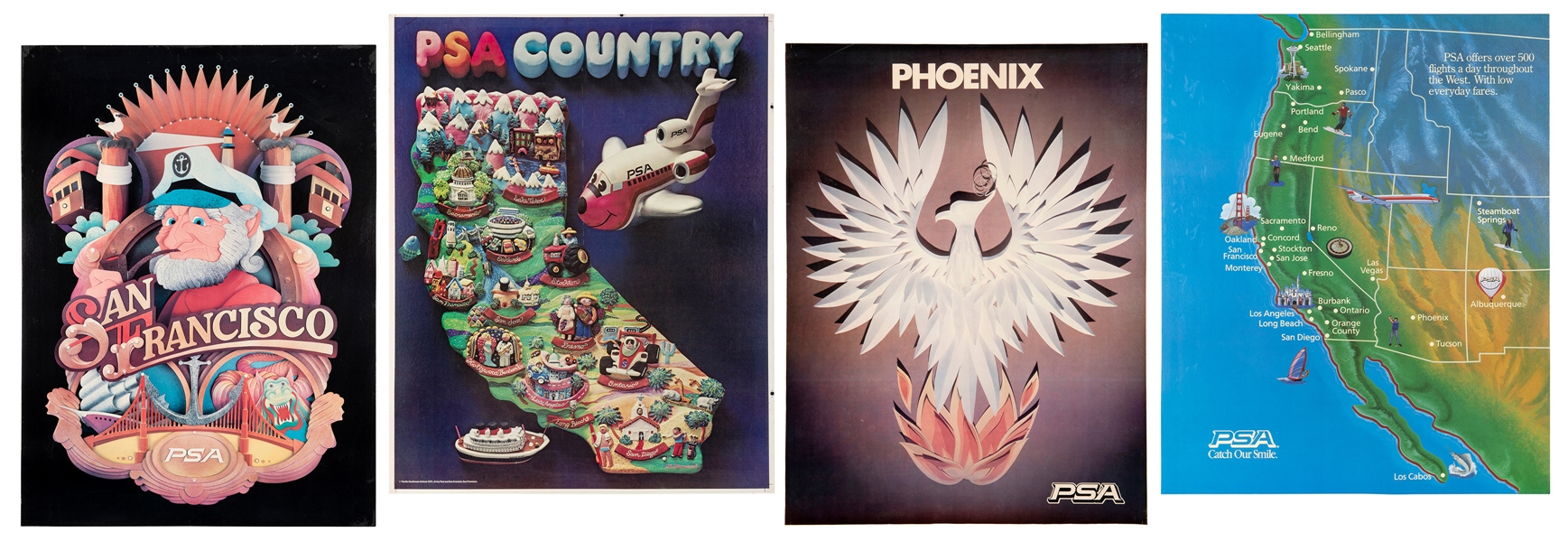  Pacific Southwest Airlines. Group of 4 posters. 1970s. Grou...