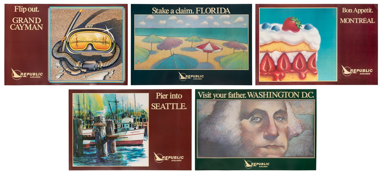  Republic Airlines. Group of 5 posters. Circa 1980s. Group i...