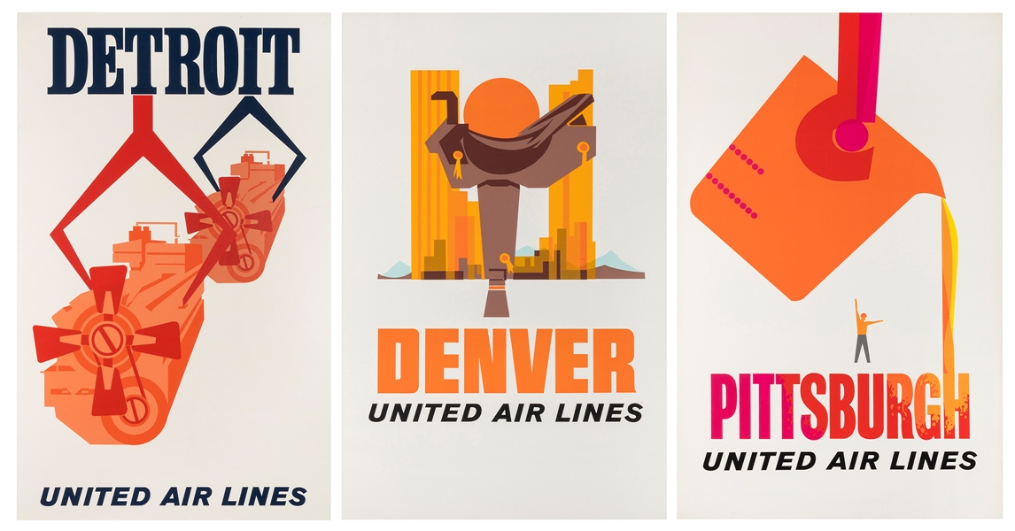  United Air Lines. Group of 3 posters. 1960s. Color silkscre...