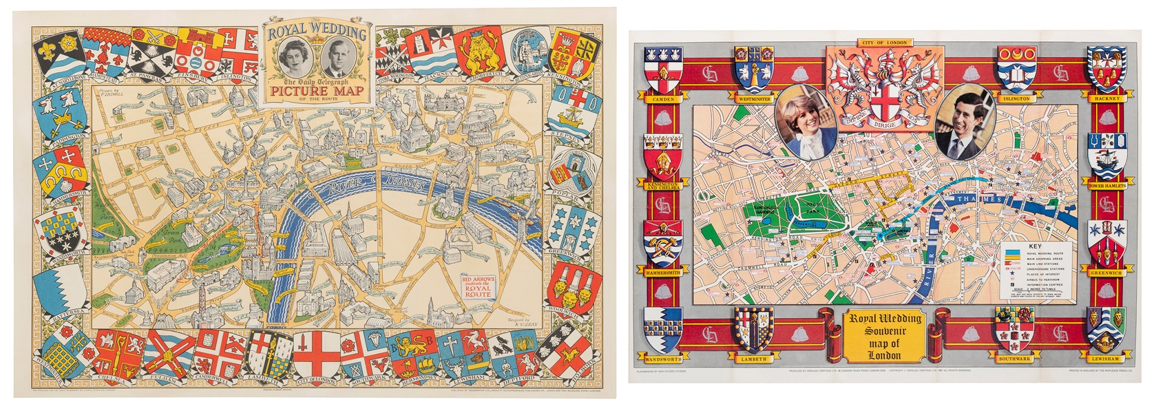  Royal Weddings. Two pictorial maps of London. Including: GR...