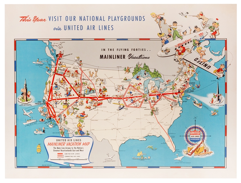  PROEHL, Pauline. United Air Lines Mainliner Vacation Map. 1...