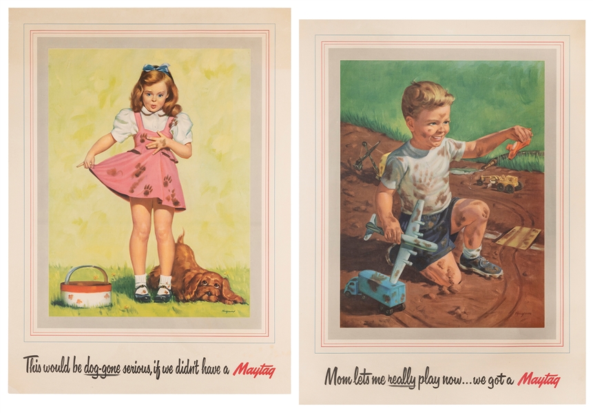  HAGAN. Pair of Maytag laundry machine posters. Circa 1950s....