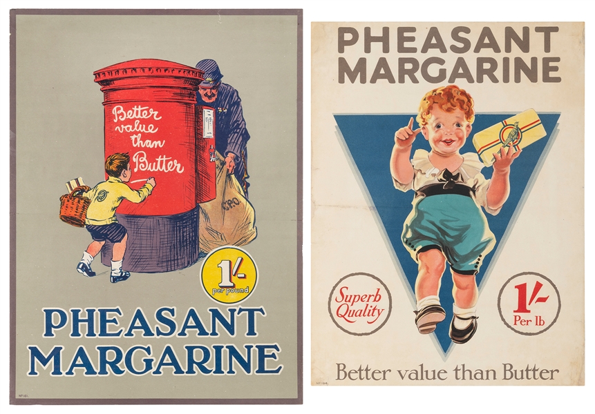  Pheasant Margarine. Two posters. British, ca. 1920s. Two li...