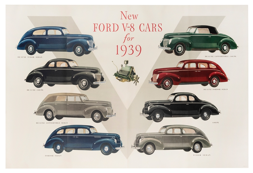  New Ford V-8 Cars for 1939. Color showroom poster showing e...