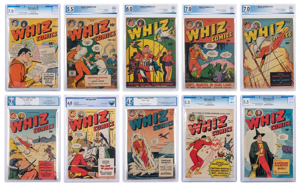  [WHIZ]. Group of Ten Whiz Comic Books. Fawcette, ca. 1943-5...