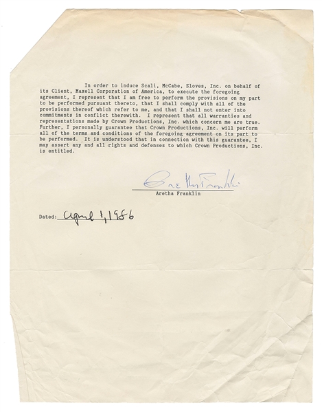  FRANKLIN, Aretha (1942-2018). Signed contract page. April 1...