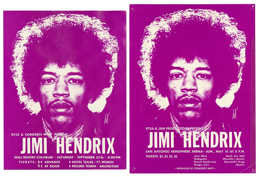  Group of 2 handbills for Jimi Hendrix concerts in Texas. Te...