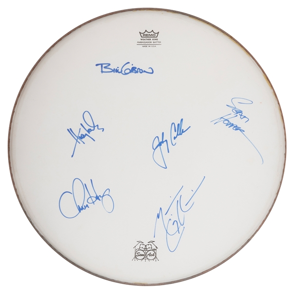  HUEY LEWIS AND THE NEWS. Signed drumhead. Remo Weather King...