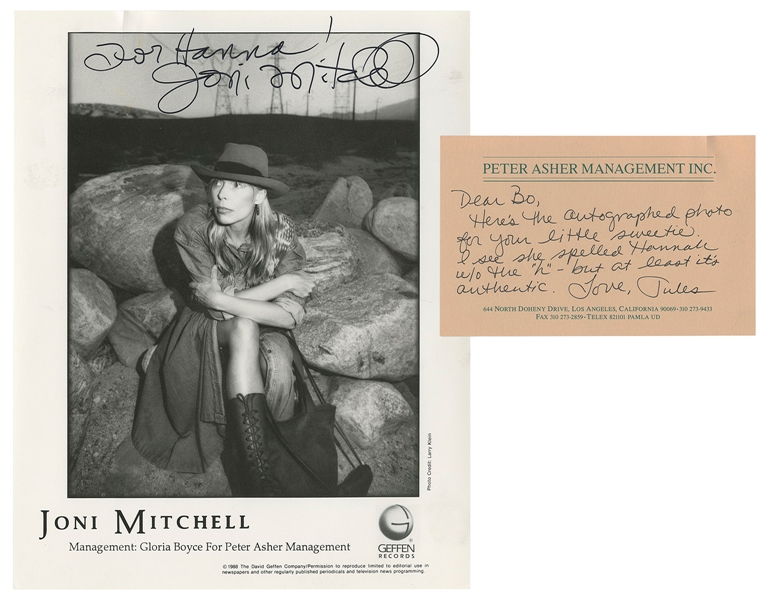  MITCHELL, Joni (b. 1943). Signed photo. [Los Angeles, 1988]...