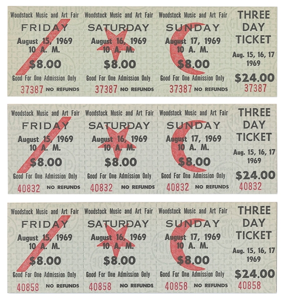  [TICKETS]. Group of 3 unused Three-Day Tickets for the Wood...