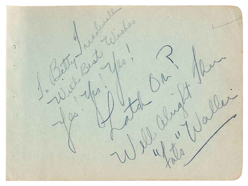  WALLER, Thomas “Fats” (b. 1904-1943). Autograph note signed...