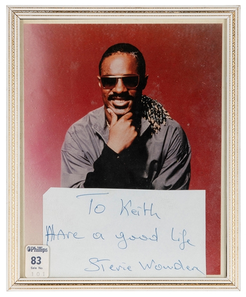  WONDER, Stevie (b. 1950). Signed note. [N.p., n.d.]. In blu...