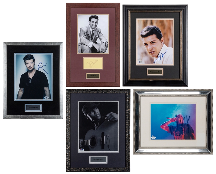  [MUSICIANS]. A group of 5 signed photographs or cards. [V.p...