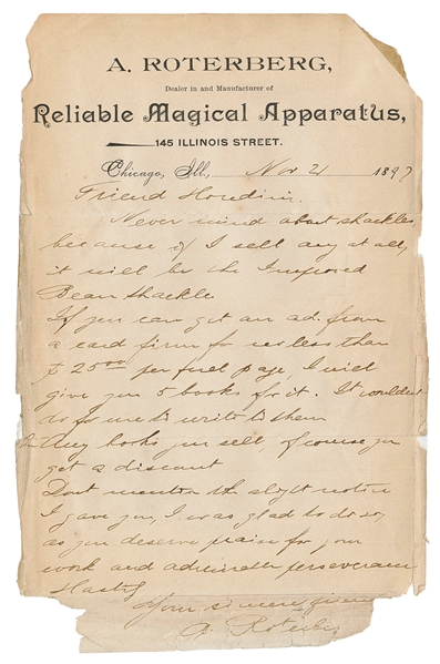  Roterberg, August (1867 – 1928). Early ALS to Houdini Regar...