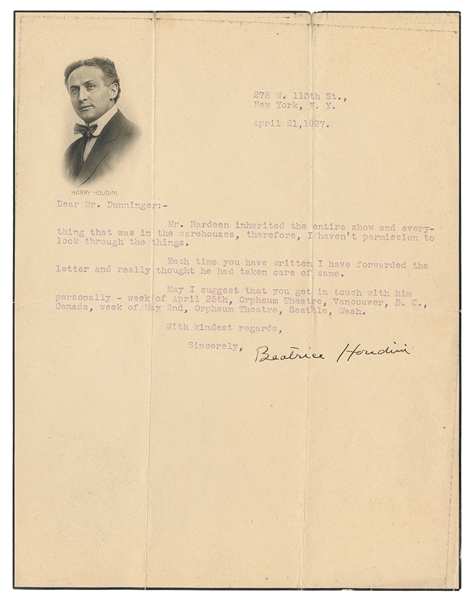  HOUDINI, Beatrice (1876 – 1943). One-Page TLS to Dunninger ...