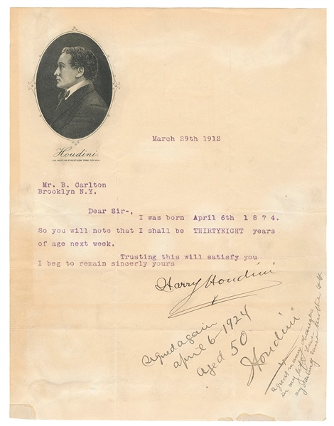  [HOUDINI, Harry] (Erik Weisz, 1874 – 1926). Twice-Signed an...